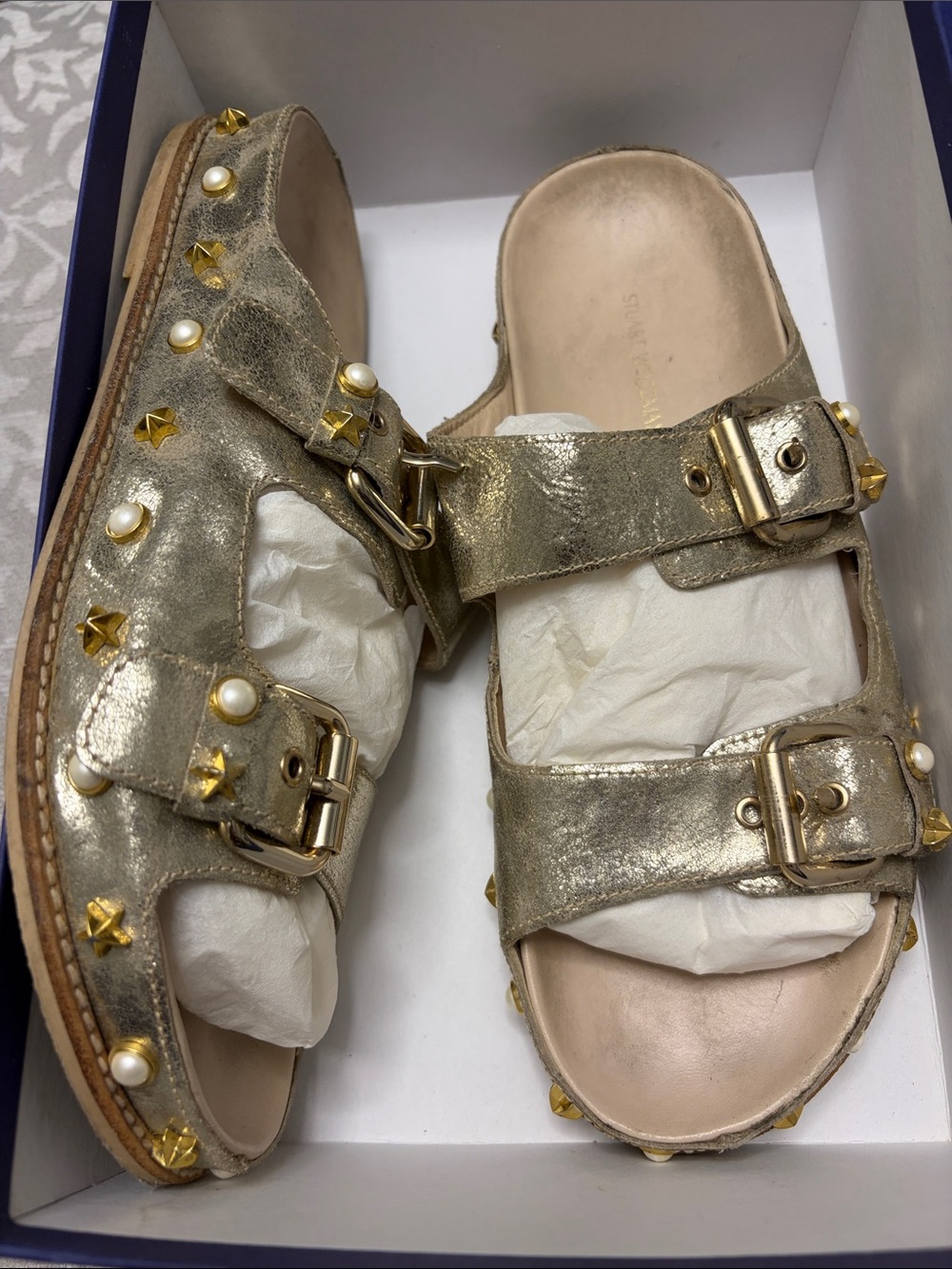 Stuart Weitzman Metallic Gold Studded Double-Buckle Sandals